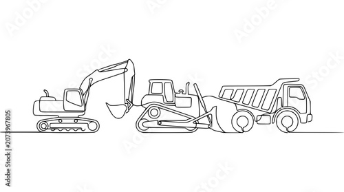 Continuous line drawing of construction vehicles: excavator, bulldozer, dump truck on white background.