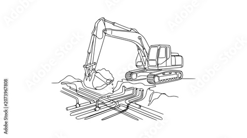 Excavator Digging Trench with Underground Pipes, Construction Site Line Art