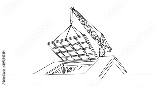 Crane lifting solar panel onto house roof for renewable energy installation, construction concept