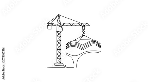 Construction Crane Lifting Building Materials with Abstract Architectural Element