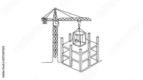 Construction Crane Lifting Building Element Over Unfinished Structure