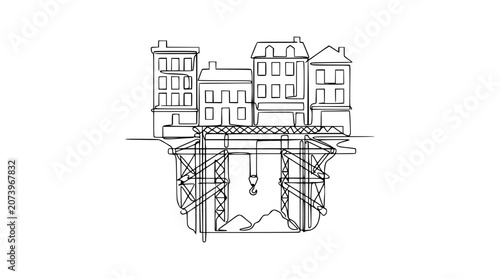Continuous Line Drawing of City Buildings Above Underground Construction Site