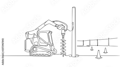 Compact excavator with auger attachment drilling a hole for a post, construction site scene
