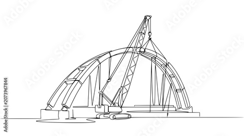 Crane lifting bridge arch segments during construction, architectural sketch