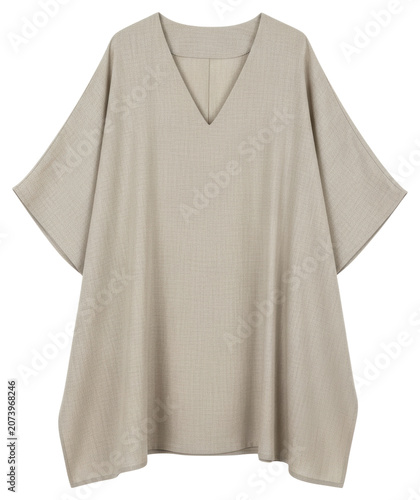 Beige linen tunic top with v neck and short sleeves with transparent backdrop