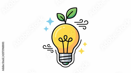A cartoon lightbulb with a plant growing out of it