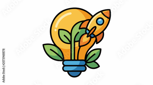 A cartoon lightbulb with a rocket and leaves growing out of it