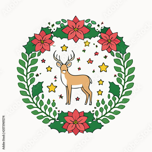 Christmas Wreath with Deer and Poinsettias
