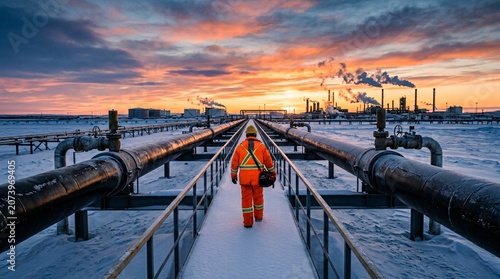 A worker in high visibility orange gear walks along a snow covered industrial pipeline catwalk at dawn