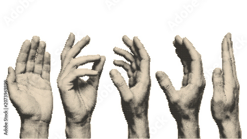 Vintage retro halftone hands set in various gestures with circle dots pattern isolated on transparent background
