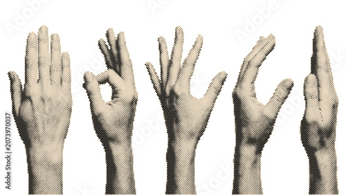 Five raised hands with different gestures in vintage retro halftone circle dots pattern vector illustration isolated on transparent background