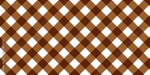 Brown and white gingham plaid diagonal seamless pattern background.