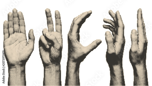 Vintage retro halftone hands set with raised palms in circle dots pattern isolated on transparent background