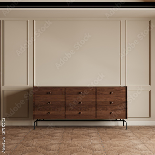 The interior of a room with wooden furniture. 3D render