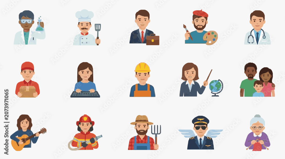 Fototapeta premium Clean Colorful Flat Icons Set of 15 Diverse Professionals with Unique Tools and Attire with high quality professional line art symbols for modern creative design and digital branding projects