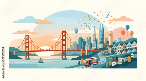 San Francisco Cityscape Vector Illustration with Golden Gate Bridge, Painted Ladies, and Lombard Street