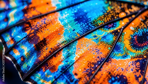 Extreme macro photograph revealing the vibrant, iridescent scales of a colorful butterfly wing in striking orange, blue, and black abstract natural patterns.