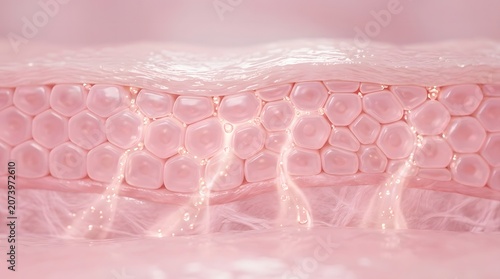 3d render of human skin layers, closeup view of epidermis and dermis with glowing serum or collagen particles penetrating the skin barrier
