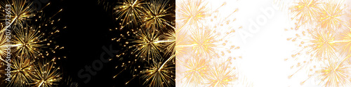Radiant golden fireworks bursts on split black and orange backgrounds for festive event isolated on a transparent background