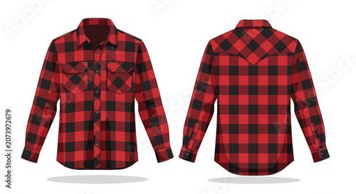 Red and Black Buffalo Check Flannel Shirt Mockup with Front and Back View Realistic Long Sleeve Plaid Casual Button Down
