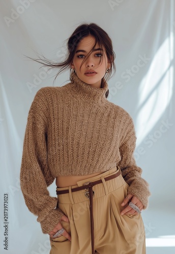 Brunette Woman in Beige Knit Sweater and High Waist Trousers