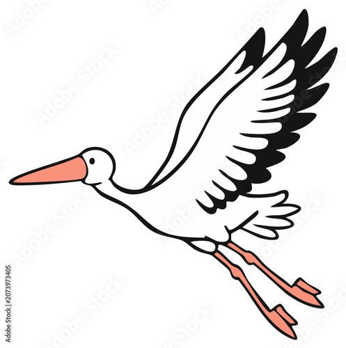 Cartoon stork in mid-flight, illustration for design elements.