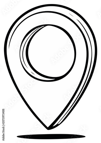 Hand drawn black and white location marker icon with inner circle and shadow