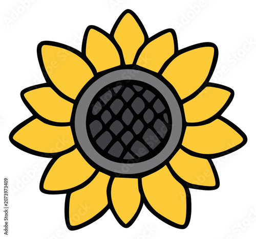 Illustration of a sunflower, with yellow petals, and a geometric center, perfect for botanical designs and nature-themed projects.