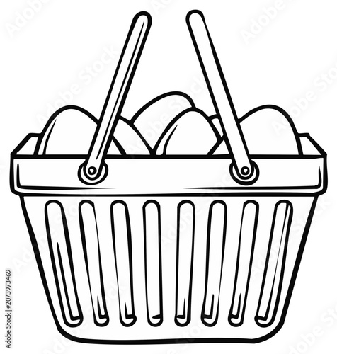 Hand-Drawn Basket Filled With Eggs, Simple Outline Illustration