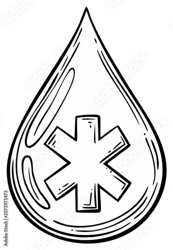 Medical emergency symbol within a water droplet illustration.