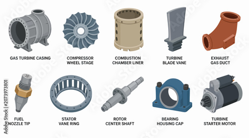 Photos Collection of industrial mechanical parts and components.