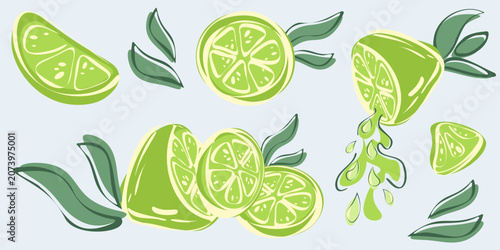 Hand drawn lime clip art set in offset line art style, featuring limes wedges, slices, and stylized squeezed juice. Ideal for restaurant menus, beverage packaging, and kitchen textiles.
