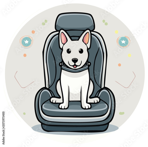 Cute White Dog Sitting in Car Seat Ready for Travel Safety