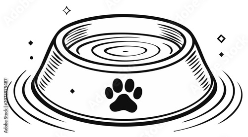 Illustration of an Empty Pet Bowl with a Paw Print Design for Food or Water, black and white drawing