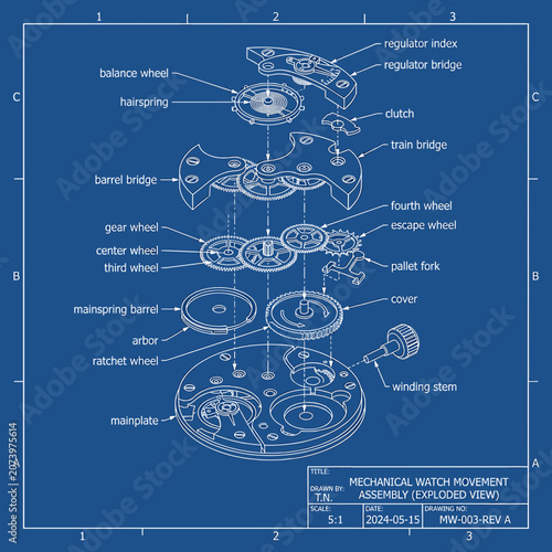 Obraz na płótnie Detailed exploded view diagram showing all components of a mechanical watch move