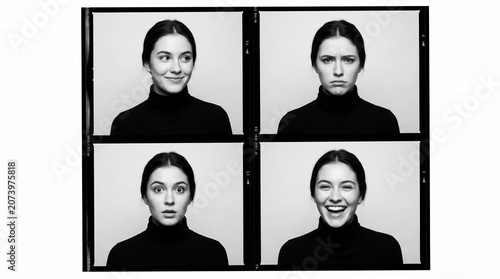Young woman showing facial expressions in black and white contact sheet, featuring happy, sad, surprised and laughing emotions in a vintage photo booth grid