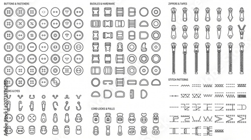 Sewing Accessories and Garment Fasteners Icon Set - Buttons, Buckles, Zippers, and Stitch Patterns