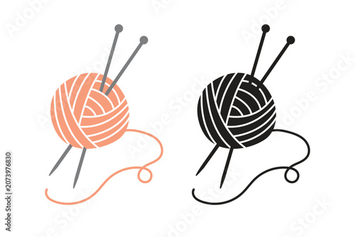 Knitting yarn ball with knitting needles, color and black silhouette vector set.