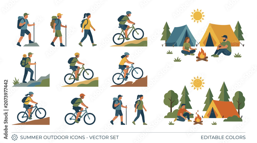 Fototapeta premium Editable vector illustration of people enjoying outdoor activities like camping and cycling