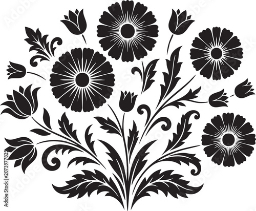 Traditional ethnic block print floral motif bouquet silhouette. Stylized Indian Mughal or Persian flower design element suitable for folk art embroidery and textile printing. Transparent EPS