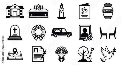 Quadro em tela Funeral and burial service icon set, 15 black line vector symbols for mourning a