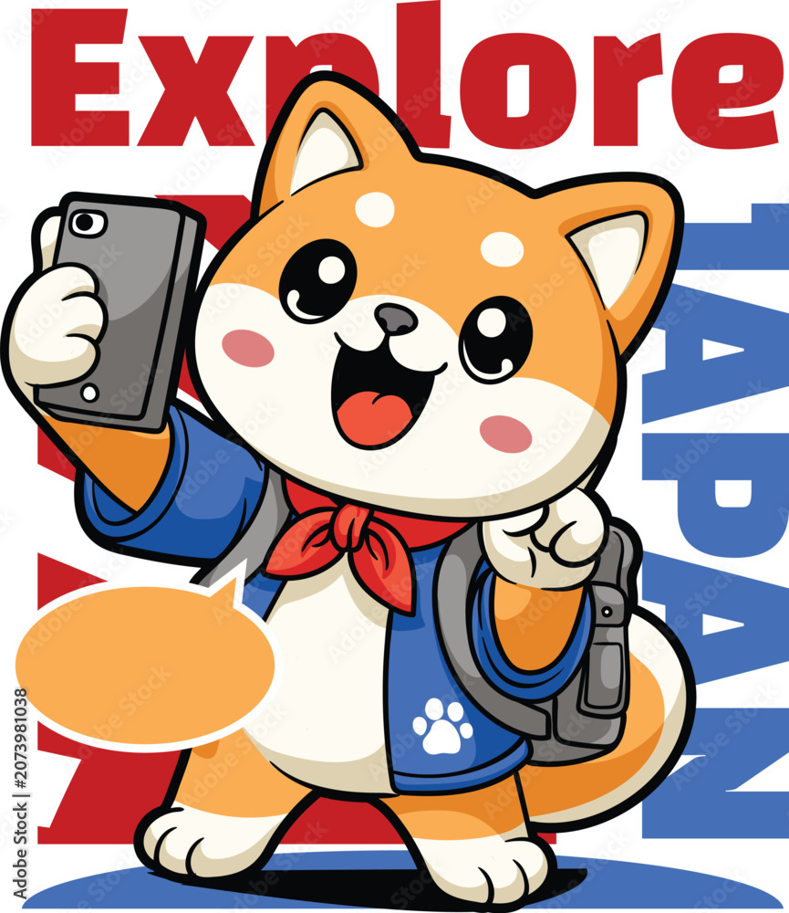Naklejka premium Cute cartoon Shiba Inu dog mascot character taking a selfie photo with a smartphone while traveling in Japan
