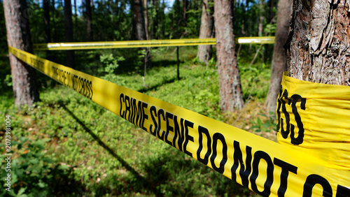 Obraz na plátne Yellow crime scene tape with black CRIME SCENE DO NOT CROSS text wrapped around