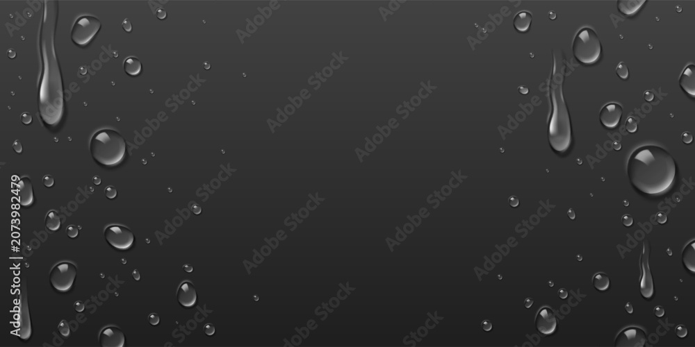 Obraz premium 3d water droplets on black glass surface, transparent dew with realistic texture, vector frame border. Fresh drops or liquid bubbles dripping down, natural rain pattern on dark wet background