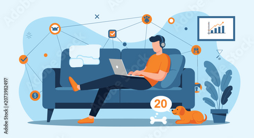 Professional man working remotely from home on a sofa while connected to a complex network of digital services.