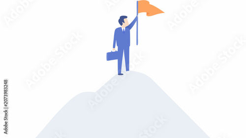 Bild auf Leinwand Businessman with briefcase planting flag on mountain peak flat vector illustrati