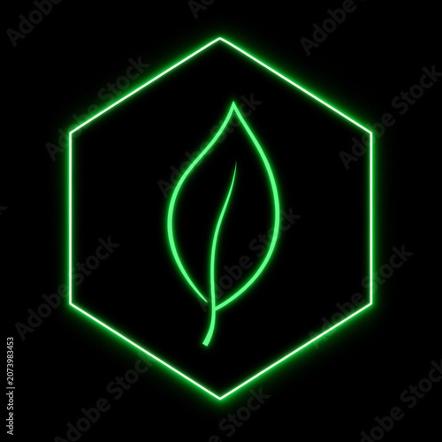 Glowing green leaf icon centered within a thin, glowing green hexagonal frame. The leaf is pointed at the top and bottom with a curved central vein, emitting a bright neon light. The hexagonal border 