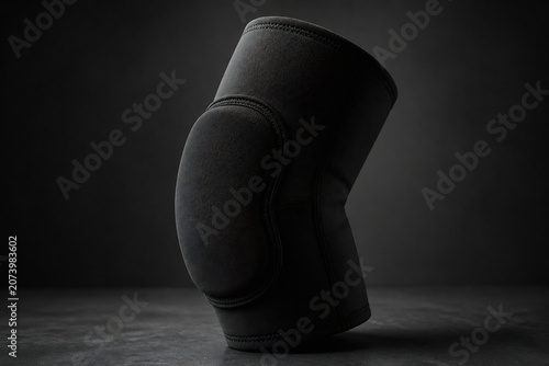 A black protective elbow pad is displayed against a dark, moody background on a flat surface.