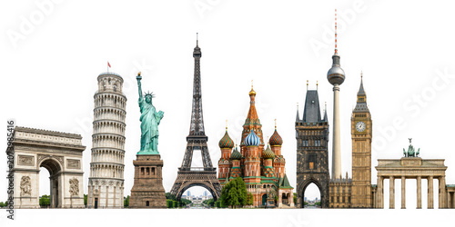 World landmarks and famous monuments photo collage isolated on panoramic transparent background, international travel, study and business, png file
