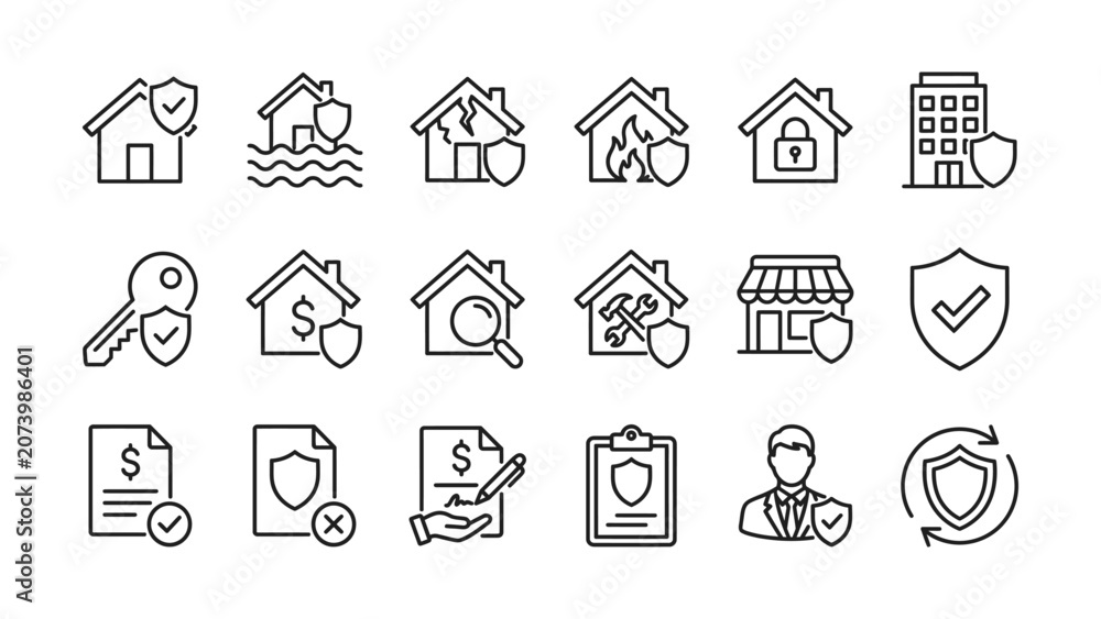 Fototapeta premium Home and property insurance line icons set representing security protection and various asset coverage concepts for web design